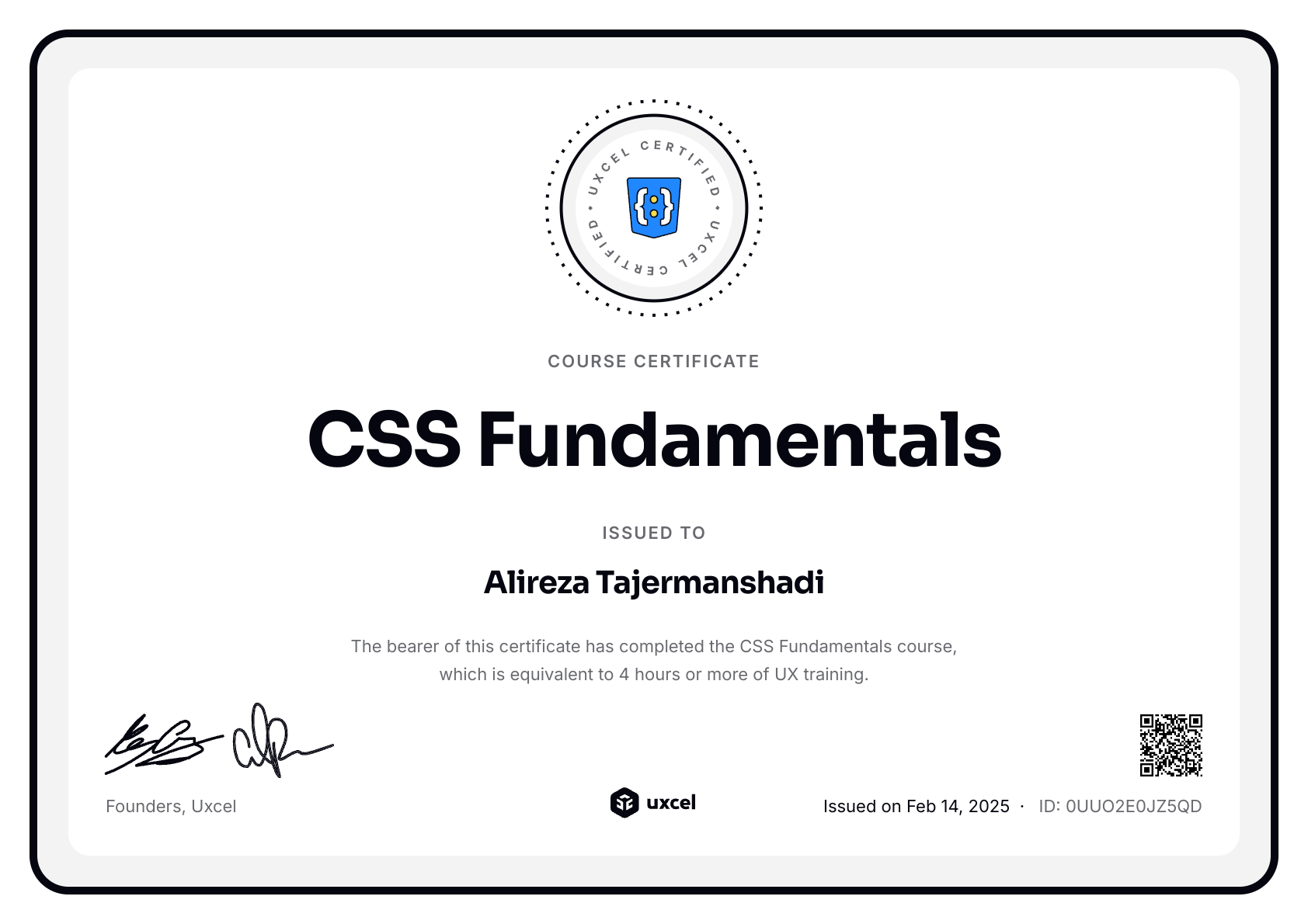 Alireza Tajermanshadi's certificate
